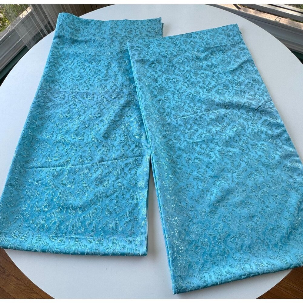 Vintage MCM curtains, shinny aqua blue, narrow, Fiberglass, rod header, pair